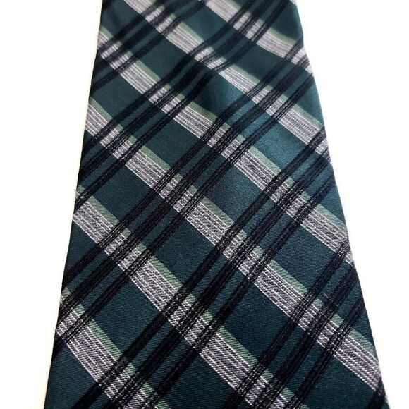 Calvin Klein Green Gray Plaid Woven Viscose Silk Tie - Picture 2 of 6
